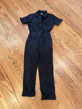 Good American Utility Black Short-Sleeve Denim Jumpsuit